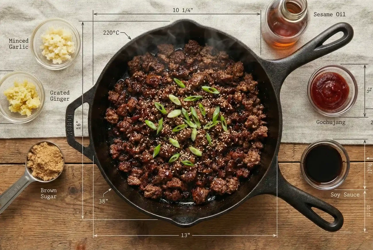 Technical culinary blueprint of a 15-minute ground beef skillet in a 10 1/4 inch cast iron pan, featuring architectural annotations and thermal benchmarks including a $220°C$ ($428°F$) searing target.