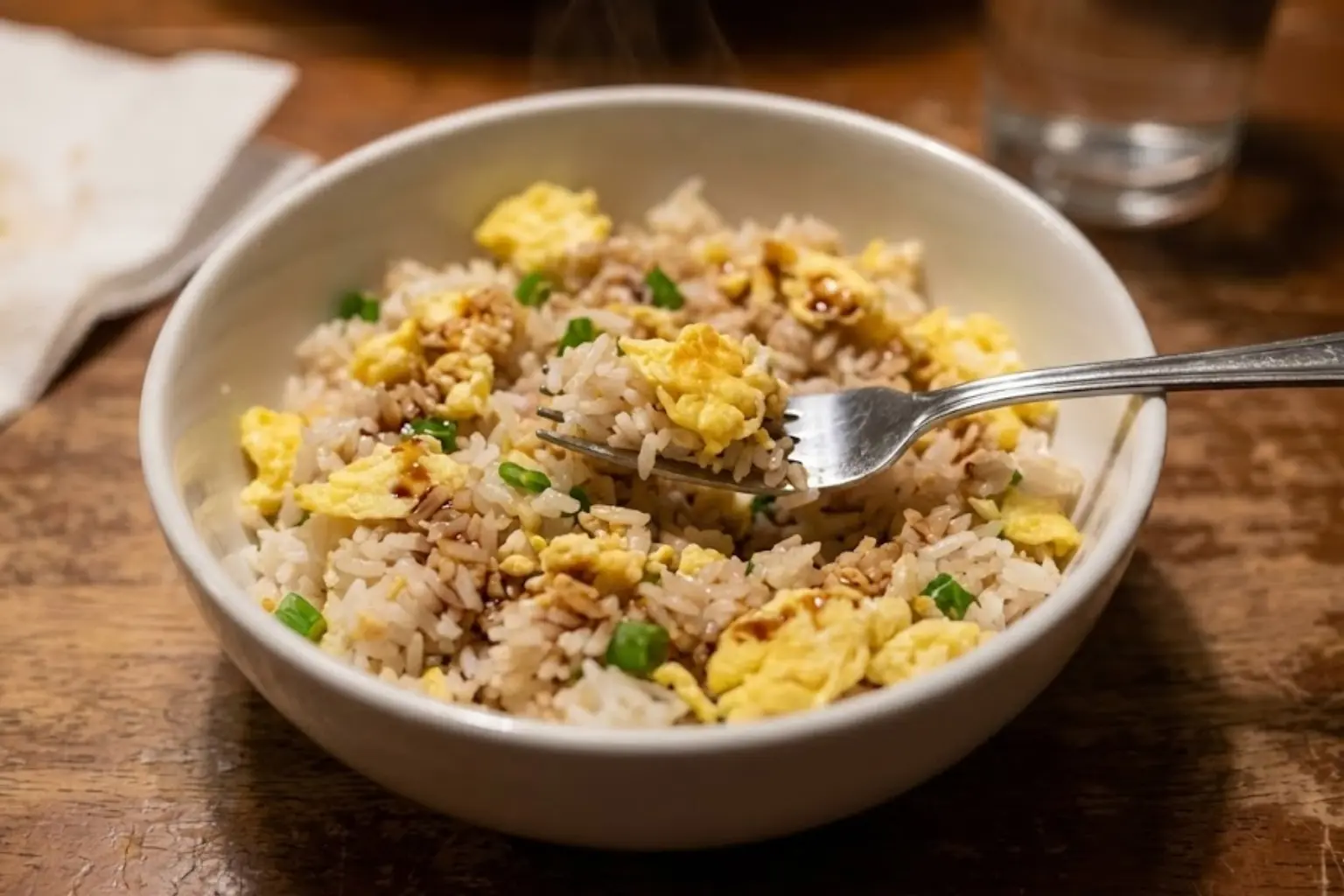 A bowl of steaming egg fried rice with green onions on a kitchen table.