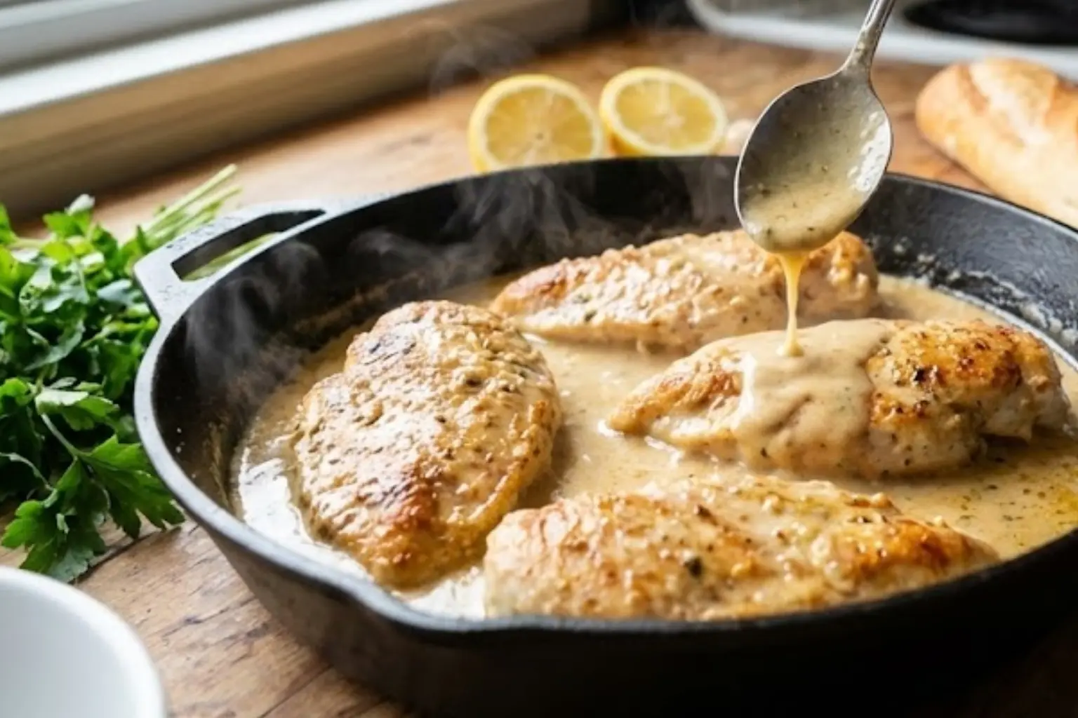 Creamy garlic butter sauce being poured over seared chicken breasts in a skillet.