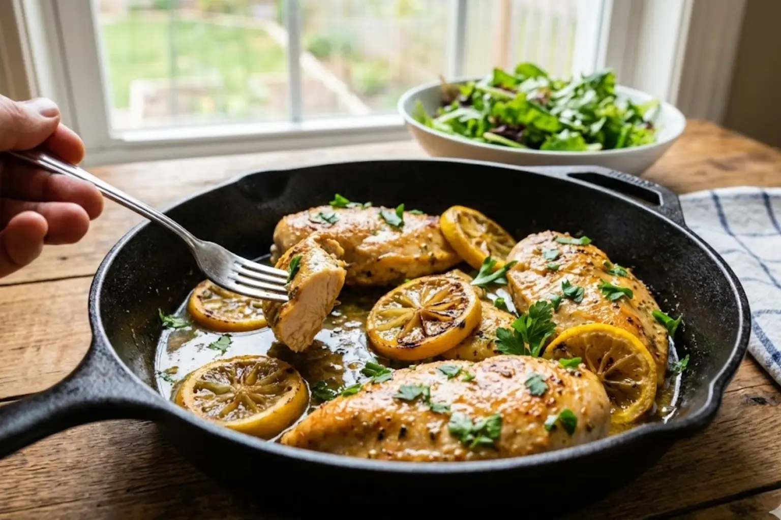 A kitchen counter filled with fresh ingredients like lemons, herbs, salad, and a skillet of chicken.