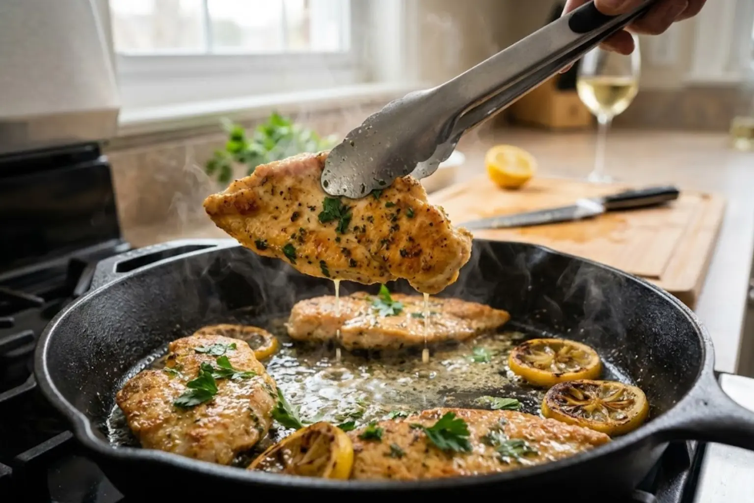 A cast iron skillet with golden seared chicken cutlets and lemon slices on a stovetop.