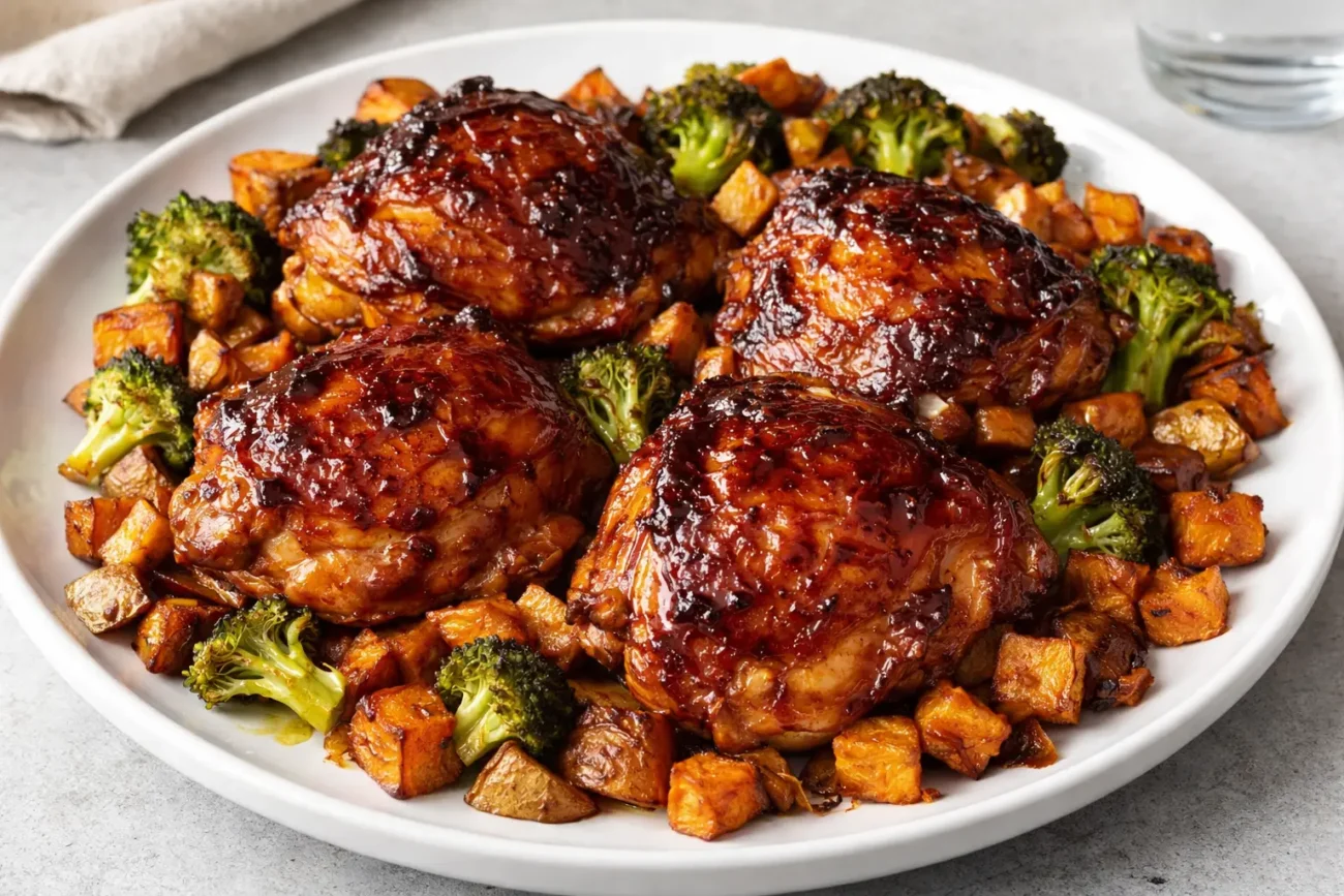 BBQ sheet pan chicken dinner with glazed chicken thighs and roasted vegetables on a white plate