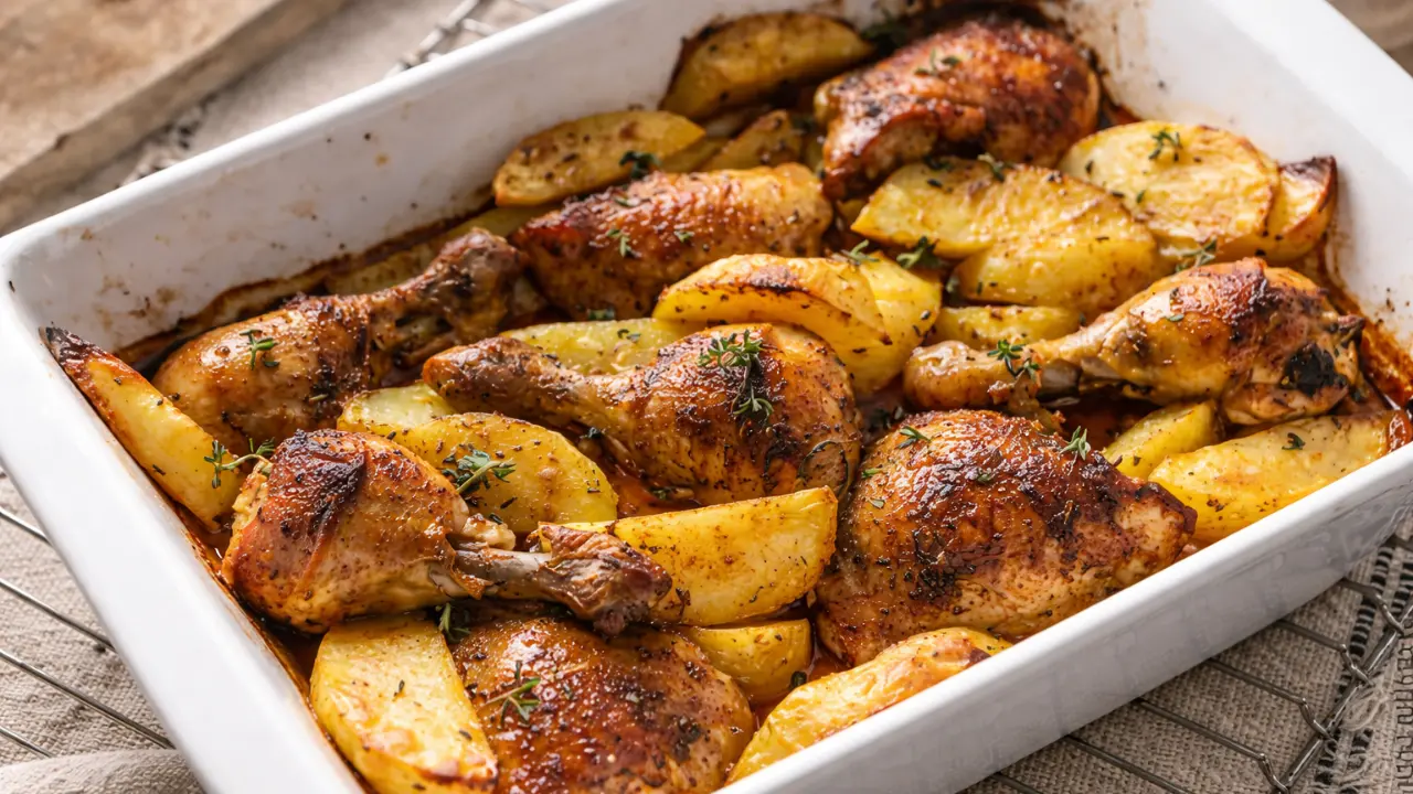 Easy Sheet Pan Chicken and Potatoes with crispy roasted potatoes and juicy oven baked chicken on a baking tray
