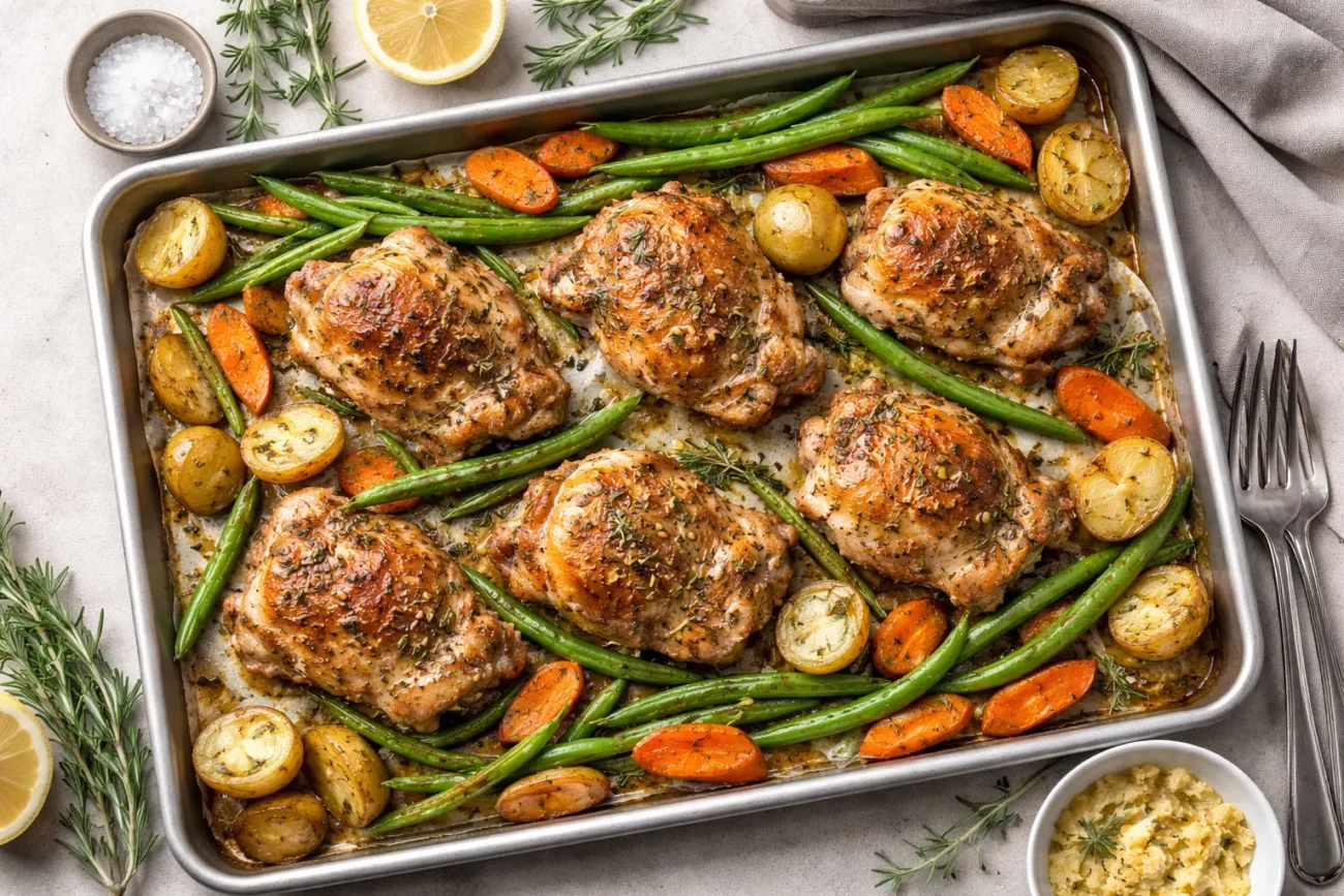 Sheet pan chicken thighs with roasted green beans and vegetables spaced evenly for browning