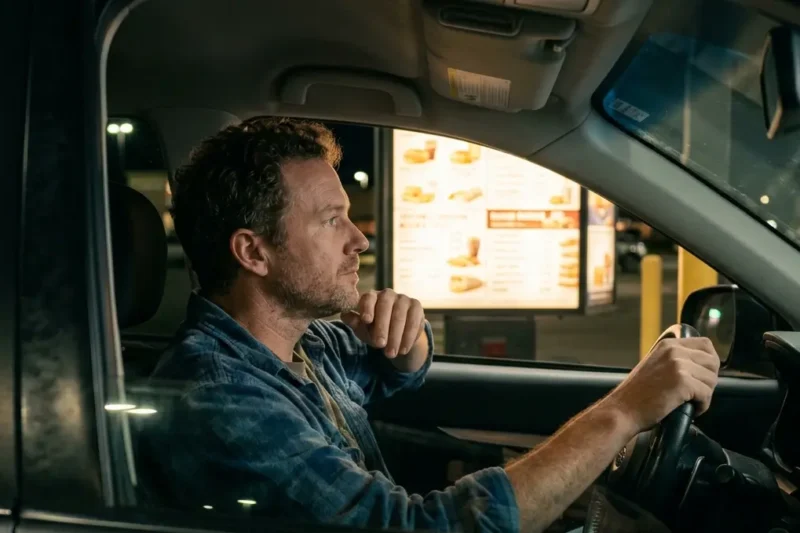 A person sitting in a car at a fast food drive-thru at night, looking thoughtfully at a brightly lit menu board before ordering.