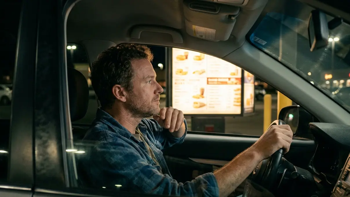 A person sitting in a car at a fast food drive-thru at night, looking thoughtfully at a brightly lit menu board before ordering.