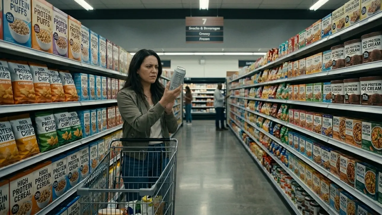 Woman in her mid-30s reading the nutrition label on a Greek yogurt container in a grocery store aisle, surrounded by high-protein packaged foods.